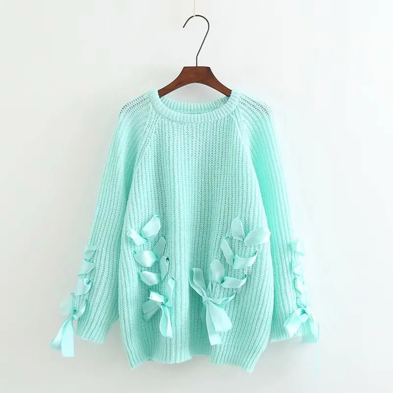 Woman Autumn And Winter Fashion Sweet Korean Version Of The New Handmade Bow Tie Lace Round Pullover Loose Knit Sweater | Женская одежда