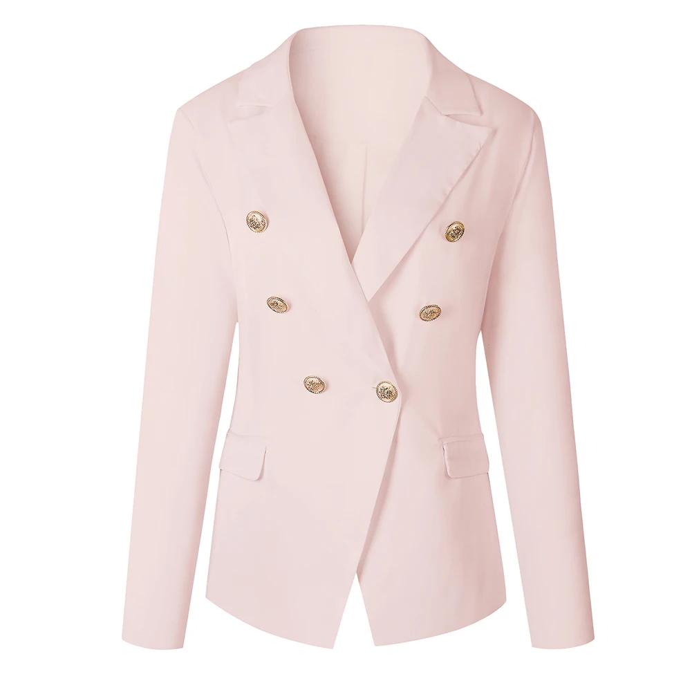 Pink SANWOOD Work Office Lady Solid Color Lapel Long Sleeve Double Breasted Pocket Women's Spring Autumn Slim Fit Suit Blazers - Color: Pink