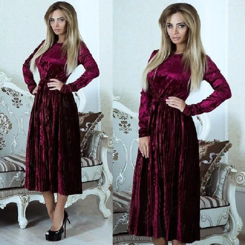 Spring pleuche Velvet Elegant Pleated Dress Women Robe Velours Vintage Belted Long Sleeve With Sashes | Женская одежда
