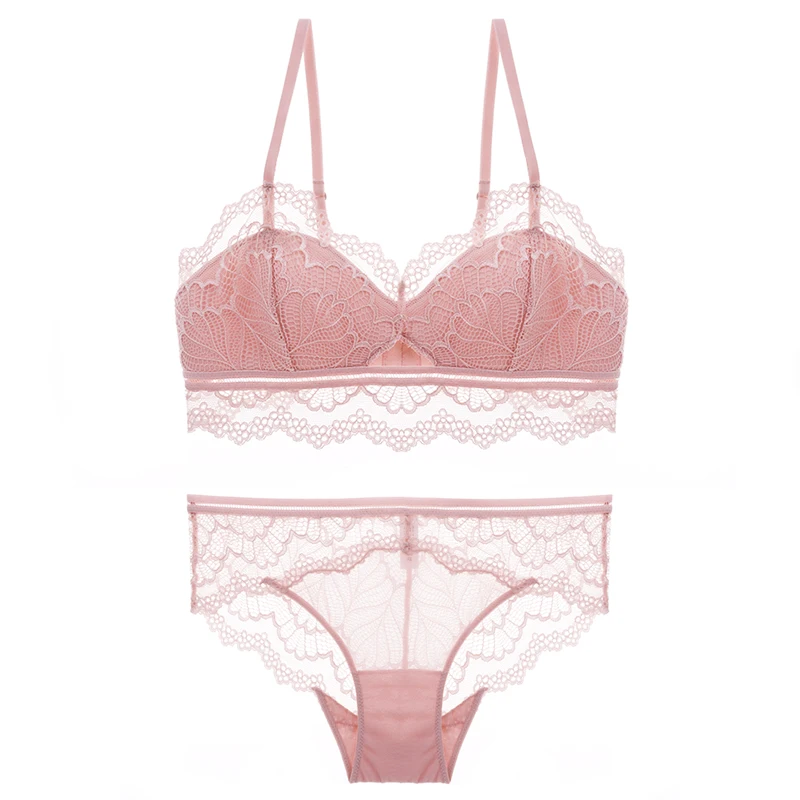 Sexy lace thin cotton cup bra without rims beauty back gathered underwear panties suit |