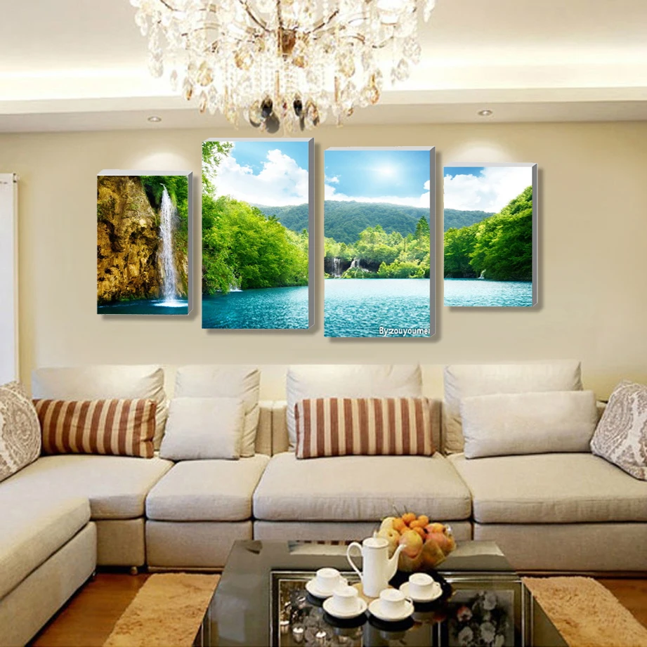 4 панели голубое небо зеленый лес водопад пейзаж Картина цветы современные