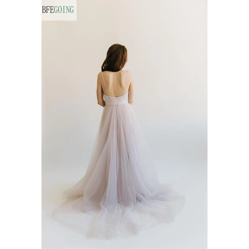 Тюлевое кружевное свадебное платье-трапеция до пола с V-образным вырезом и