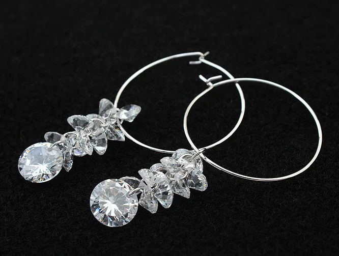 

Silver Color Big Hoop Earring Hang AAA Cubic Zirconia Fashion Women Round Loop CZ Earrings Wedding Party Jewelry