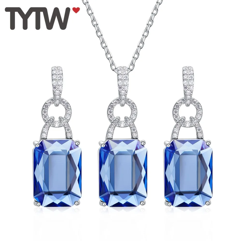 Классические квадратные серьги гвоздики TYTW ожерелье с кулоном серебро 925 пробы