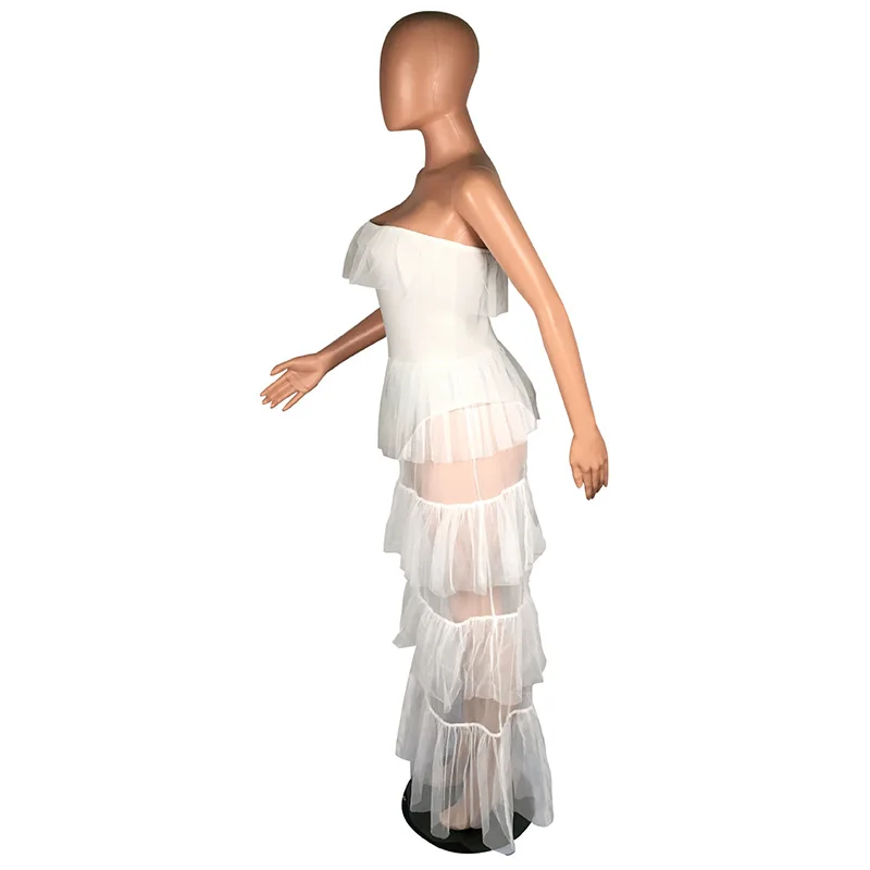 Женское многослойное платье с оборками белое прозрачное Сетчатое без рукавов и