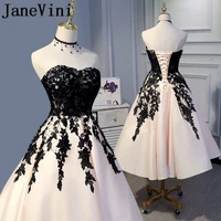 janevini simple mother of the bride dresses a line strapless black lace appliques tea length wedding party formal evening dress