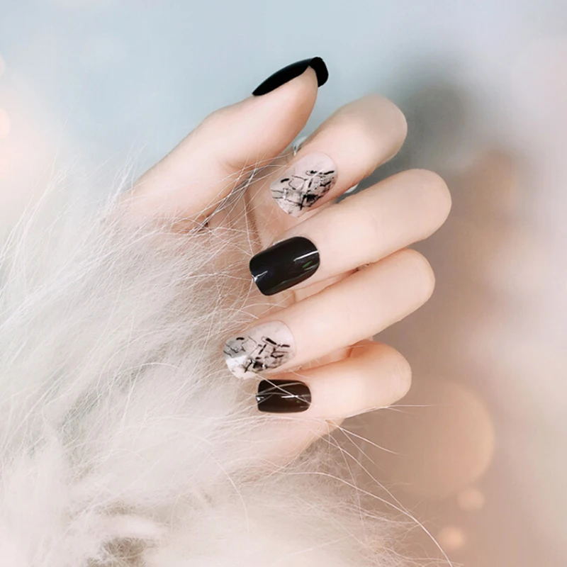 24 PCS Press on nails Full Nail Tips Black Smooth False Nails Long Square Designed with Glue Sticker for Ladies | Красота и здоровье