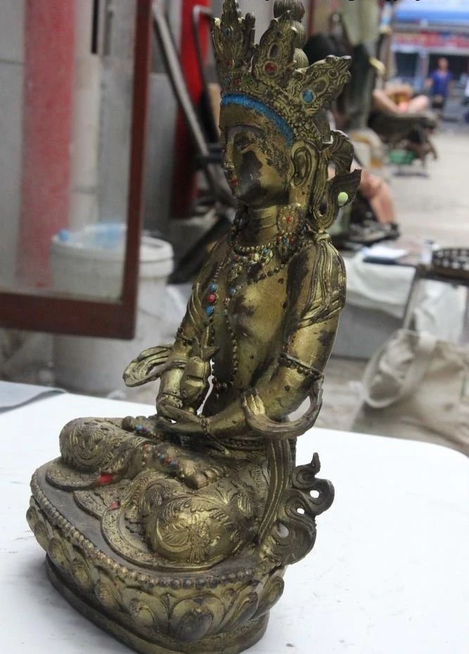 Тибетская Храмовая бронзовая фигурка медная долговечность Amitayus Kwan-Yin статуя