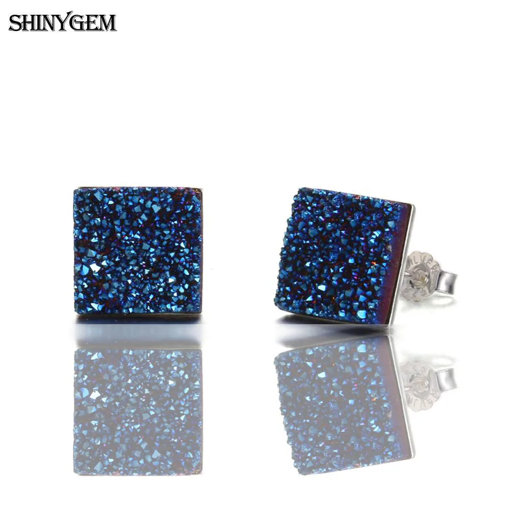 ShinyGem 10 мм маленькие квадратные серьги с кристаллом Sparking Druzy из натурального камня