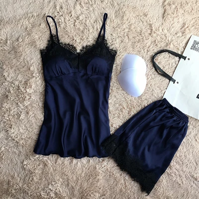 blue set Fiklyc Брендовые женские сексуальные сорочки с v-образным вырезом, женские пижамы с бюстгальтером, комплекты летних пижам для молодых девушек, комплекты ночного белья - Цвет: blue set