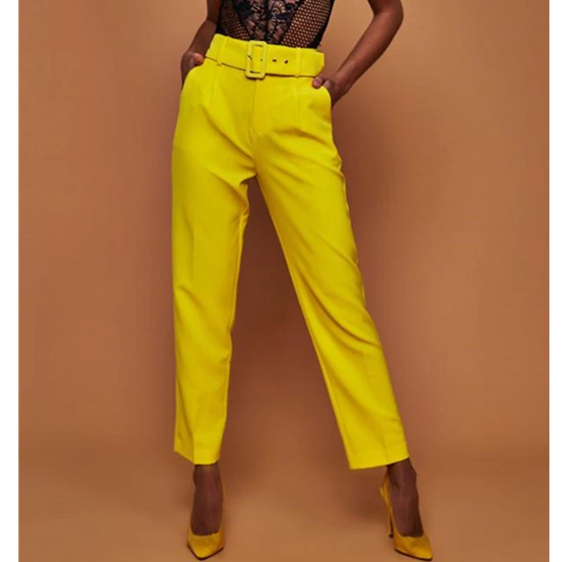 

Women Casual Pants High Waist Belted Straight Leg Slacks Office Lady Suit Pants Women Trousers