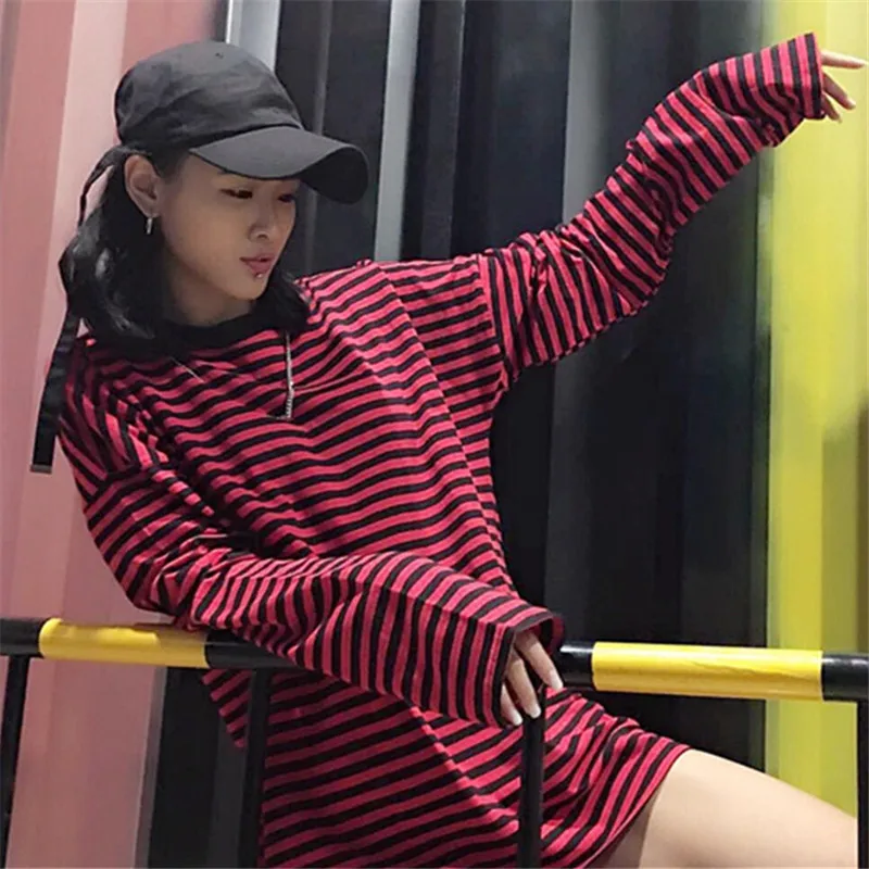 black red T-shirt Neploe/Полосатые футболки с длинными рукавами для женщин и мужчин, с круглым вырезом, длинный простой стиль, уличная одежда, осенняя Новая мода, шикарный крутой Топ 68925 - Цвет: black red T-shirt