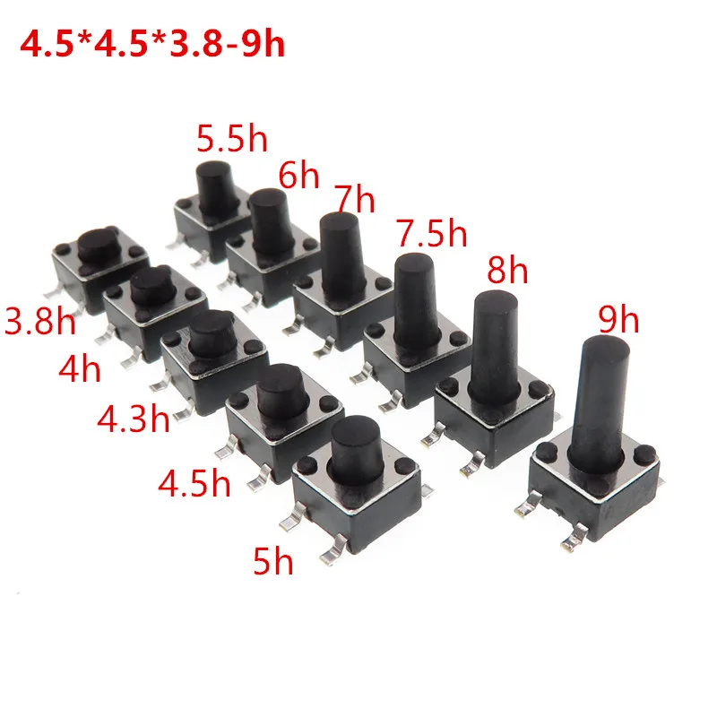 

100pcs/lot mini switch 4.5x4.5*3.8-9mm Panel PCB Momentary Tactile Tact Mini Push Button Switch SMT 4pin