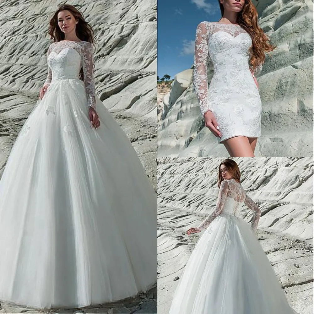 

Fantastic Tulle & Lace Bateau Neckline 2 In 1 Wedding Dress Lace Appliques Long Sleeve Bridal Dress with Removable Skirt