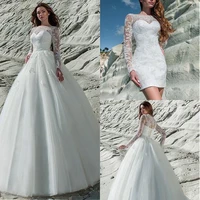 fantastic tulle lace bateau neckline 2 in 1 wedding dress lace appliques long sleeve bridal dress with removable skirt
