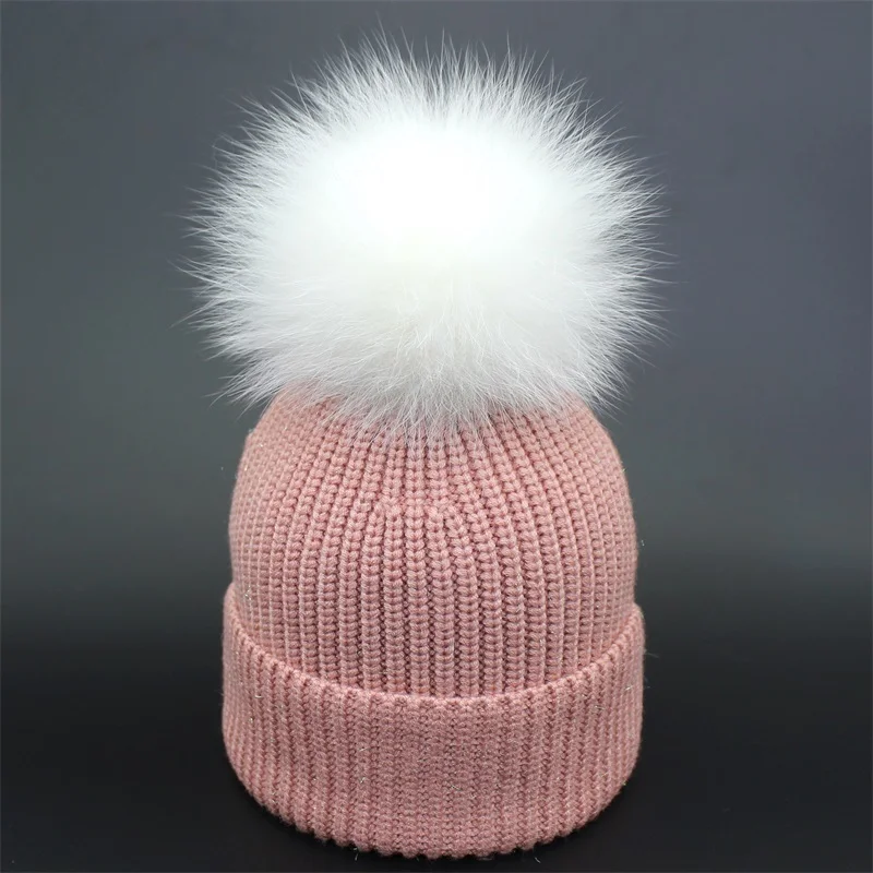 Женская шапка из белого лисьего меха, Шапка-бини skullies, шапки gorro, зимние шапки для девочек, шапки с помпоном - Цвет: pink