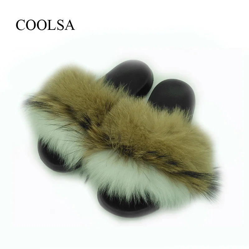 COOLSA/женские шлепанцы из натурального Лисьего меха; женские летние домашние меховые тапочки; женские нескользящие теплые меховые плюшевые шлепанцы; Прямая