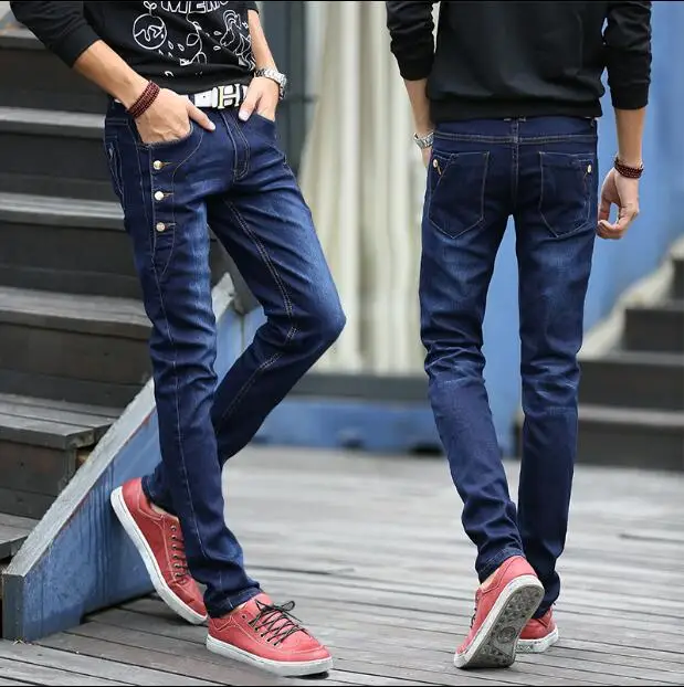 #1406 узкие джинсы мужская мода новый 2018 High Street Slim Fit Button джинсовая байкерские