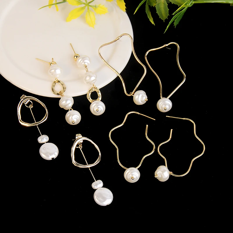 Женские серьги с белым жемчугом в стиле барокко асимметричные геометрические