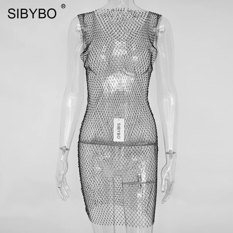 Женское ажурное платье SIBYBO прозрачное облегающее с вырезами и стразами вечерние