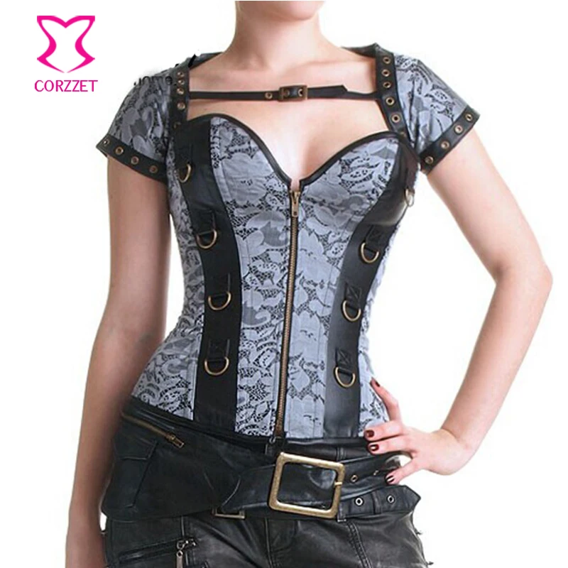 Женская готическая одежда корсет из синей парчи и искусственной кожи на молнии с