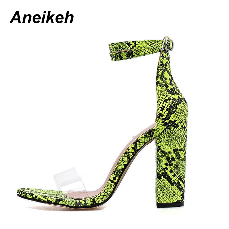 Aneikeh/ г., летние босоножки из искусственной кожи женские прозрачные босоножки на высоком квадратном каблуке повседневные Size35-40 с пряжкой в полоску зеленого и белого цветов