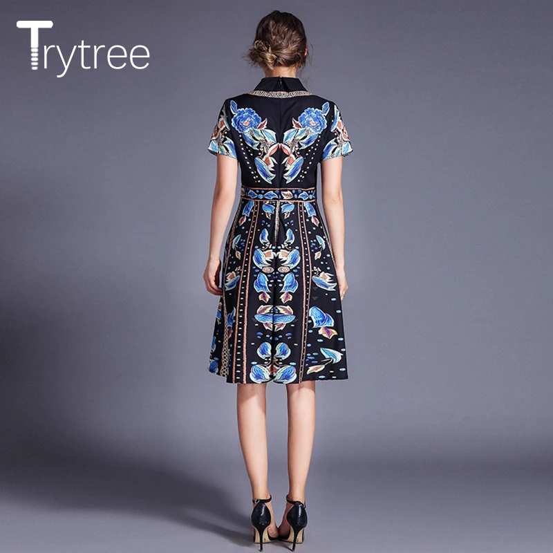 Trytree летнее осеннее Повседневное платье с цветочным принтом, бисероплетение, полиэстер, бант, воротник, женские платья трапециевидной формы, длина до колен, уличное платье