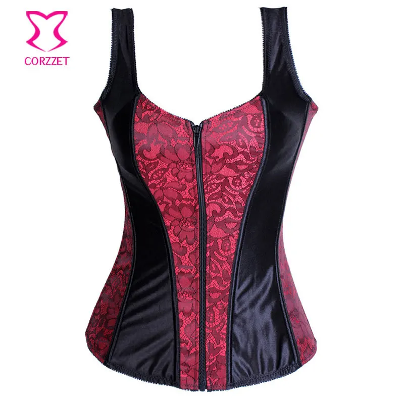 Черный/фиолетовый цветочный узор молния готика Overbust корсет с ремнями Corpetes E