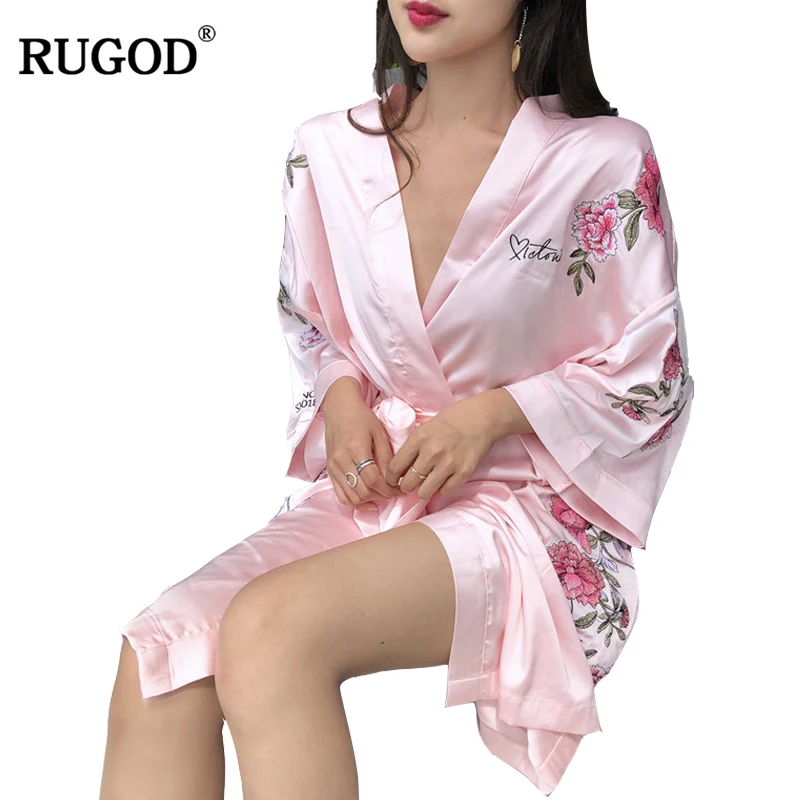 Фото RUGOD 2018 Летнее шелковое платье женское сексуальный цветочный банный халат с