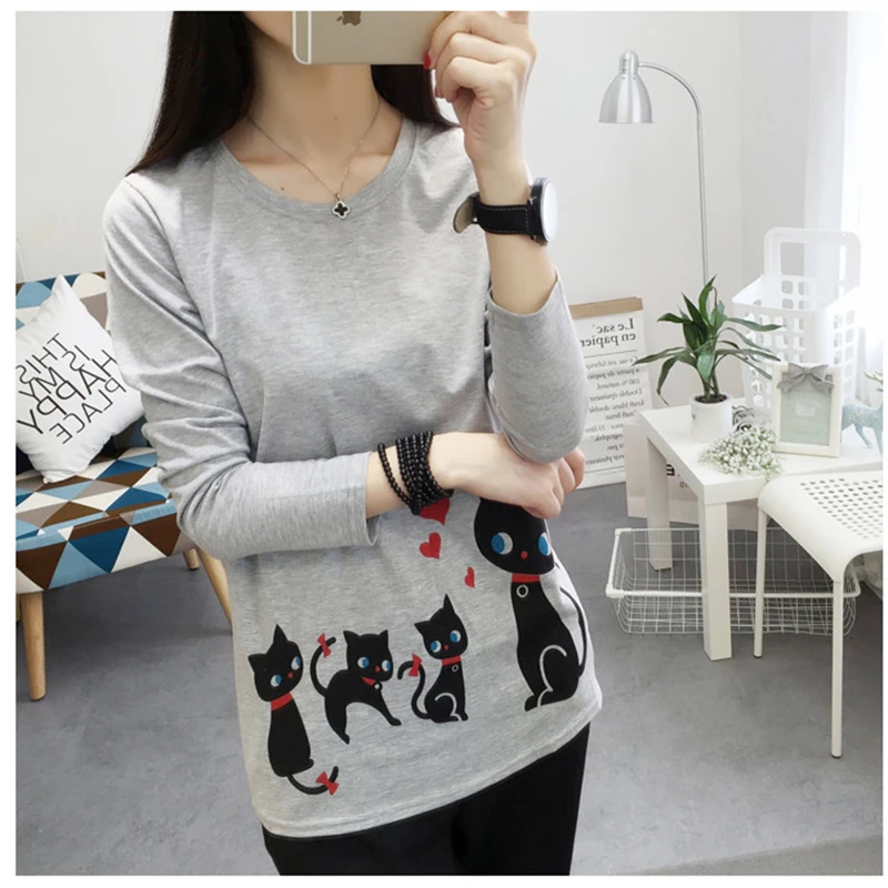 2017 новая осенняя женская футболка корейская мода Милая с длинным рукавом принтом