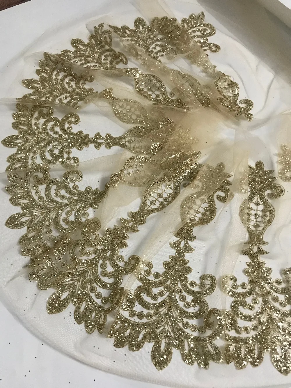 

ZH-91611 new 10 yards/lot gold glued glitter lace trim tulle lace for fahion dress DIY accessory