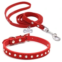 soft suede leather rhinestone dog collar leash set for puppy cat small pet outdoor leads supplies necklace leashes