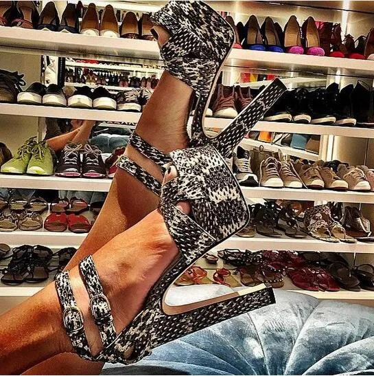 Double Ankle Strap Buckle Ladies Pumps Delicate Grey Snake Skin Print Leather High Heel Sandal Tick Platform Dress Shoes | Обувь