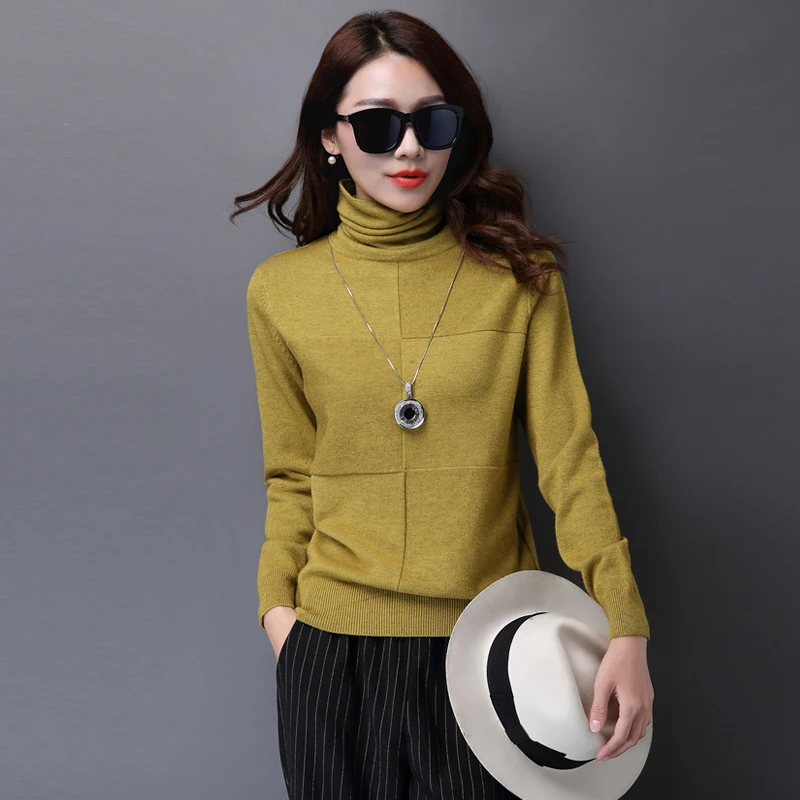 High Quality Autumn And Winter Fashion Plaid Sweaters Ladies Pure Color Slim Turtleneck Cashmere Sweater | Женская одежда