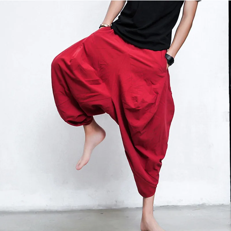 Мужские шаровары с заниженным шаговым швом свободные льняные брюки хакама