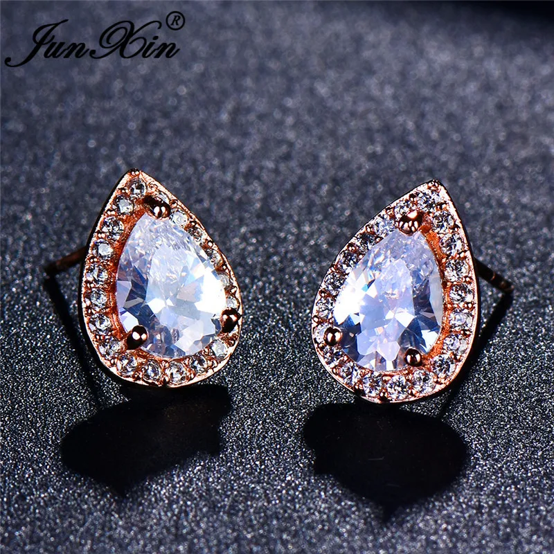 

JUNXIN Pear Cut Multicolor Stone Teardrop Stud Earrings For Women Zircon Silver Color Blue Fire Opal Earrings Gift