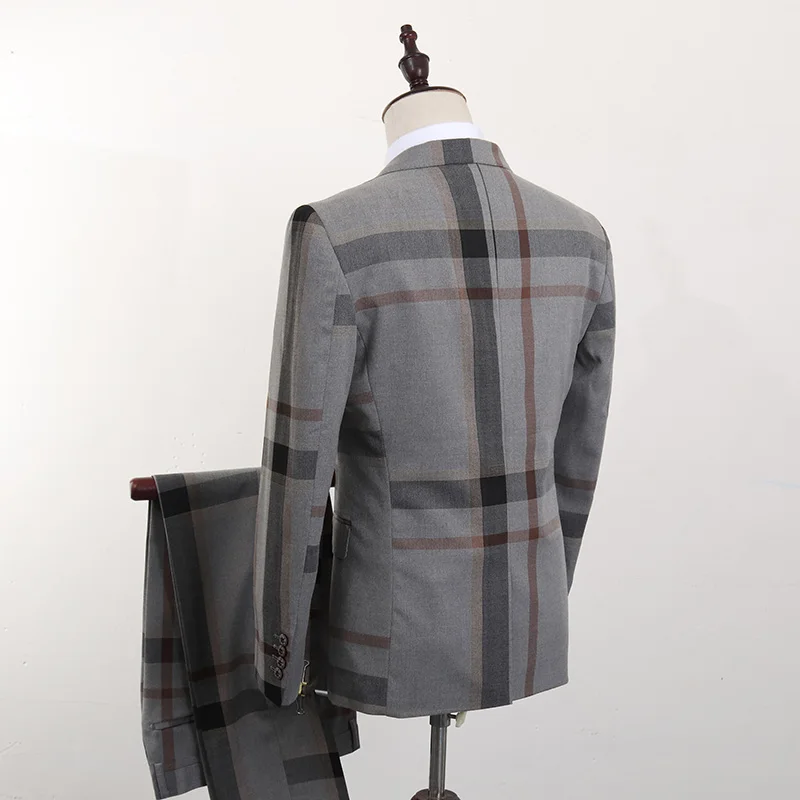 OSCN7 Navy Blue Slim Fit Plaid Suit Men Notch Lapel Business Formal Dress Suits For Fashion Terno Masculino Plus Size | Мужская одежда