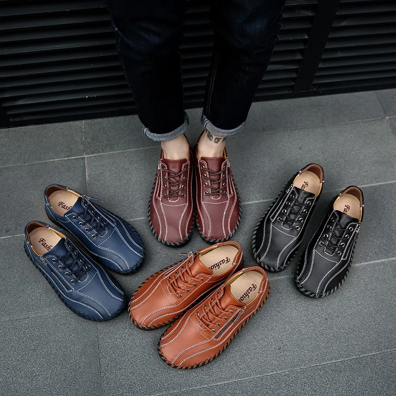 

Big Size 38-50 Casual Men Shoes Breathable Non-Slip Outdoor Shoes Handmade Fashion Lace-Up+Zip Driving Shoes Men Soft Moccasins