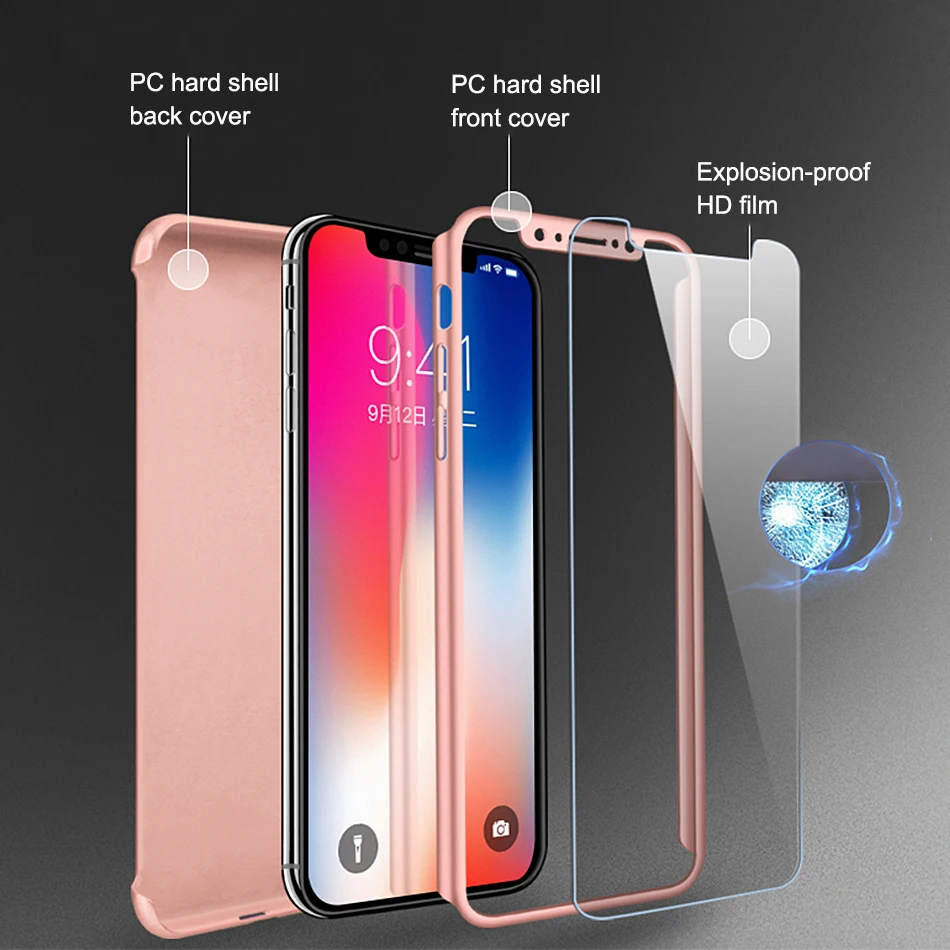 Proelio 360 Full Cover Phone Case For iPhone X 8 7 6 6s Plus PC Protective Cases With Glass |