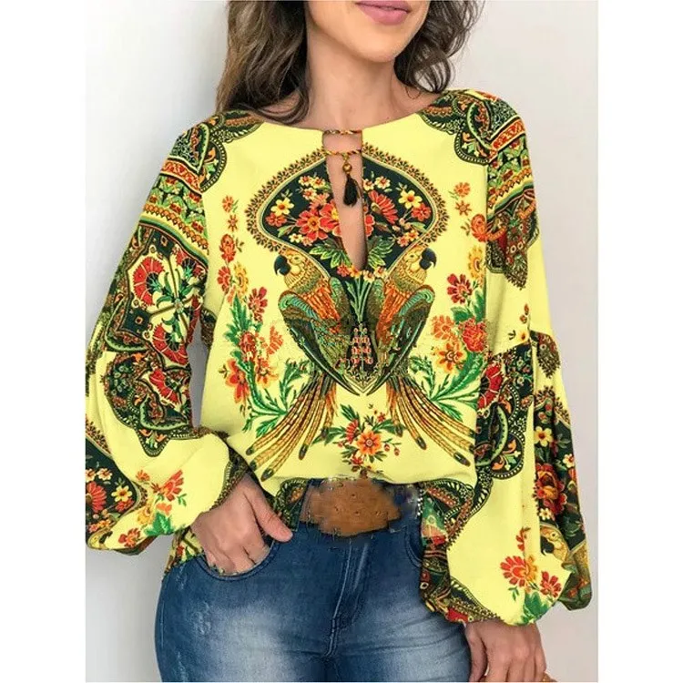 2019 Autumn Women O-Neck Floral Shirt Print Casual Lace-Up Loose Blouse Ladies Lantern Sleeve Boho Tops | Женская одежда