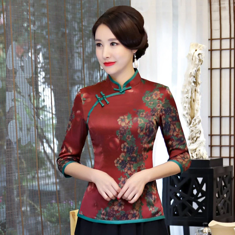 New Summer Womens Shirt Tops Traditional Chinese Lady Silk Blouse Mandarin Collar Qipao Mujer Camisa Size S M L XL XXL XXXL 9966