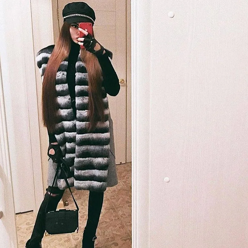 

Tatyana Furclub Natural Rex Rabbit Fur Jacket Women Winter Real Fur Vest Long Fashion Coat Slim Striped Sleeveless Fur Waistcoat