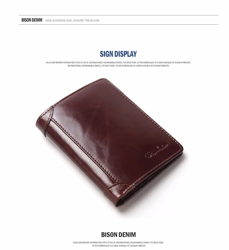 BISON DENIM Genuine Leather RFID wallet Men red brown vintage purse card holder Brand men wallets dollar price Male Purse 4361