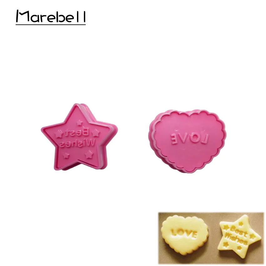Marebell Cartoon Plastic Cookie Mould 2pcs Love Heart Star Shape Biscuit Cutter DIY Tools For Baking | Дом и сад