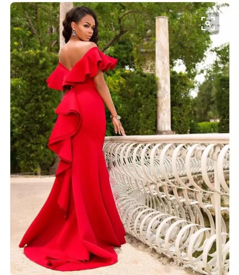 Gorgeous Red Off Shoulder Prom Dress 2019 Satin Backless Mermaid Evening Gown Saudi Arabia Ruched Sweep Train Formal Party | Свадьбы и