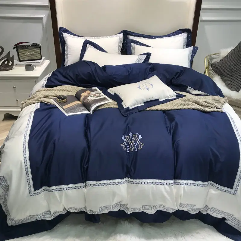 Home Bedding Sets Blue egyptian cotton Soft duvet Cover embroidery Bed Set pillowcase King size Queen 4pcs |