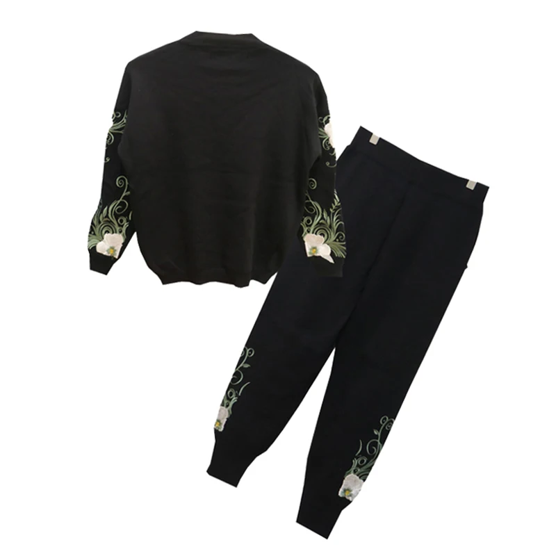 Women's 2 Pieces set Autumn Winter Flower Embroidered Loose Knitted Sweater + Harem Trousers Two women Pants Set |