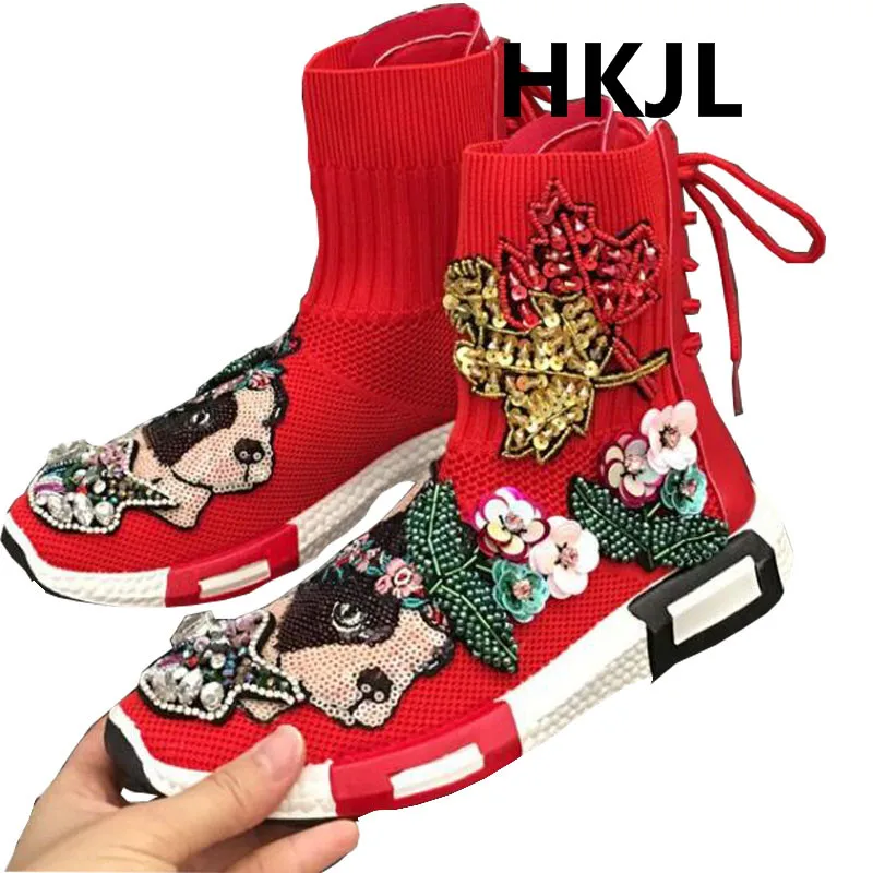 HKJL/высокие вязаные кроссовки; Новинка; женские эластичные носки на шнуровке сзади; очень популярная повседневная обувь для папы