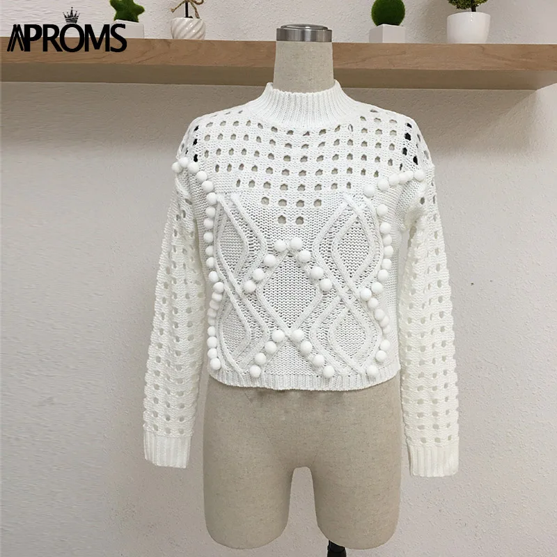 Chic White High Neck PomPom Ball Knitting Sweater Women Long Sleeve Cropped Autumn Winter Slim Pullover Jumper Top | Женская одежда