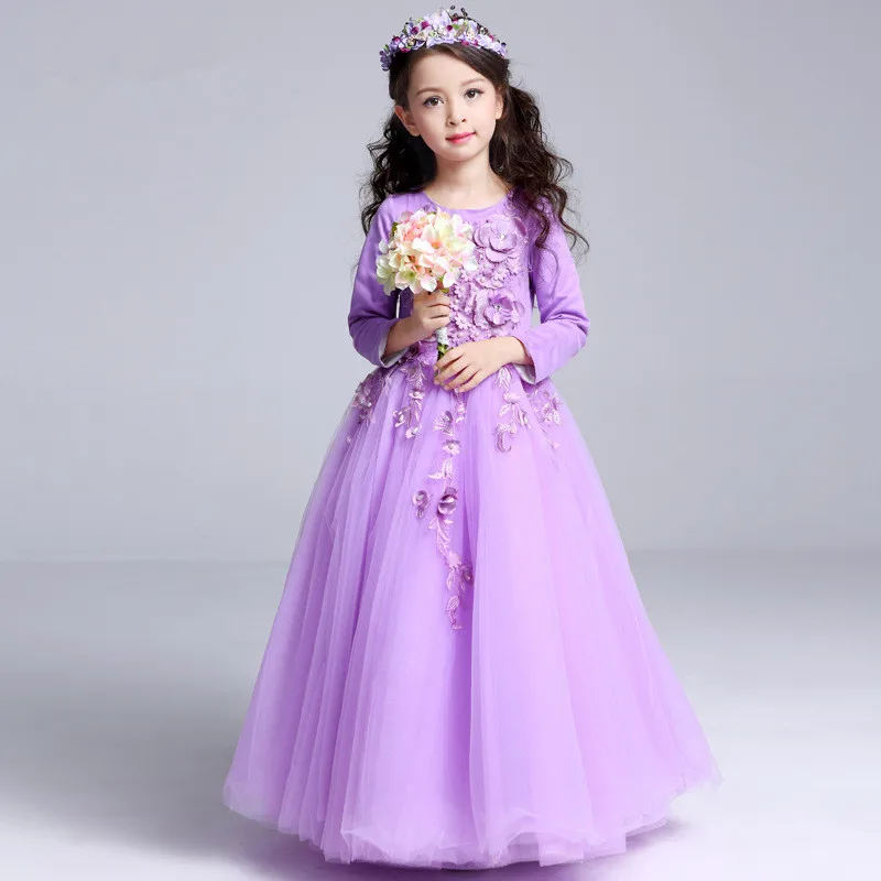 Purple Long Flower Girls Dress European Fancy Girl Princess Costume 2020 Clothes For 4 6 8 10 12 14 Years RKF175001 | Детская одежда и